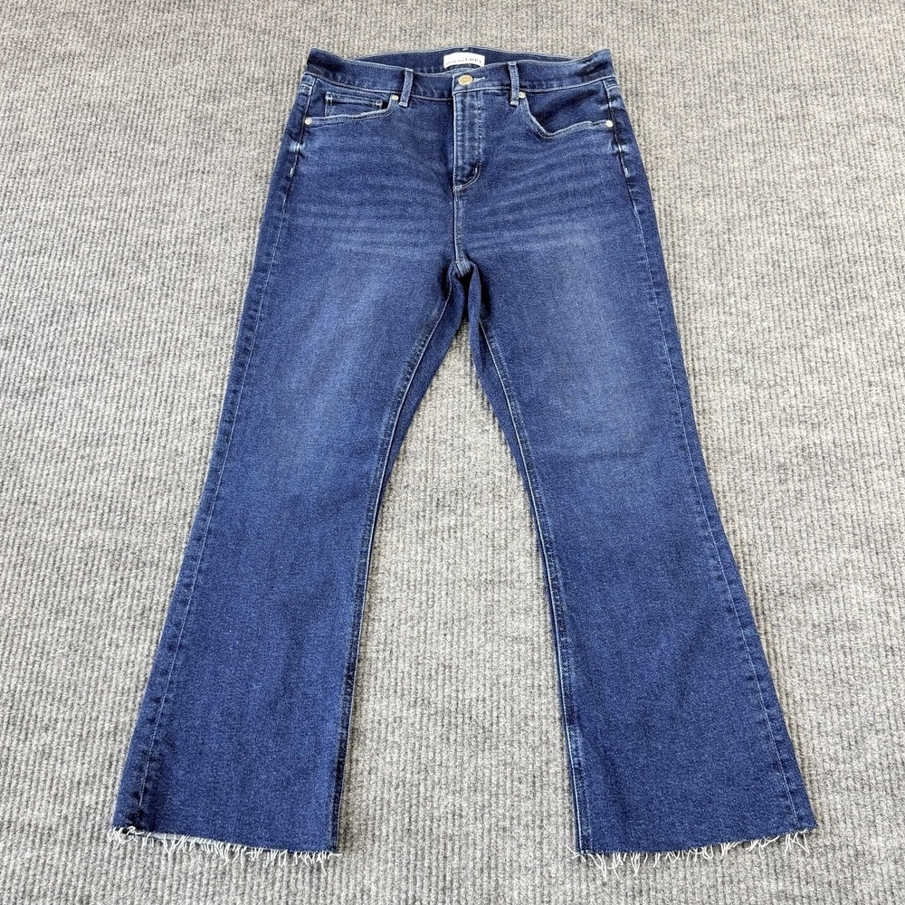 LOFT High Waist Flare Crop Jeans Womens 10/30 Blue Wash Raw Hem Stretch Denim